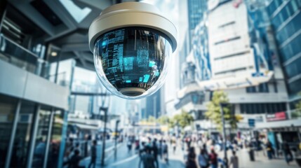A high tech AI powered security surveillance system monitoring a public area, urban setting with real-time facial recognition and threat detection data, Security technology style