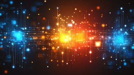 Fototapeta premium Abstract Tech Network: A Vibrant Dance of Data Streams in Blue and Orange Hues, Modern Futuristic Design.