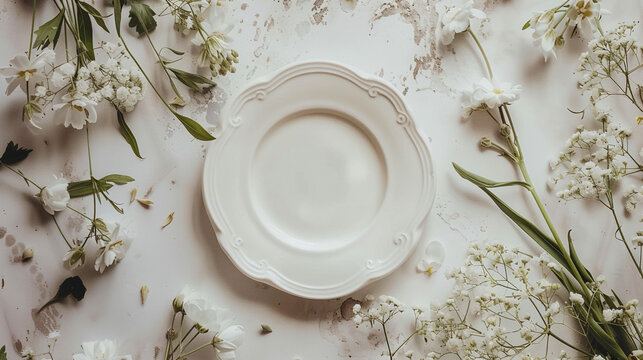 Elegant empty plate with delicate flowers arranged on a rustic gray background.