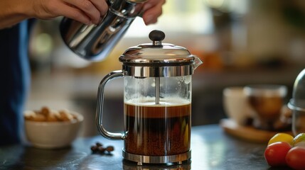 Person carefully pours hot water into a french press coffee maker