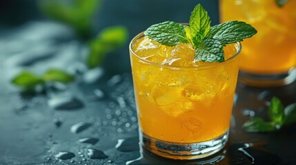 A bright yellow iced herbal tea garnished with fresh mint leaves, presenting a refreshing look for summer enjoyment.