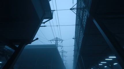 Foggy city alley, power lines, industrial buildings, urban scene, background use