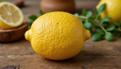 Lemon and Texture Illustrate a close up of a textured lemon placed on a rustic wooden table, with a soft focus background highlighting herbs and spices for a fresh, culinary feel.
