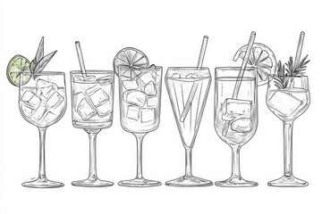Elegant bar menu illustrations focusing on cocktails and beverages.