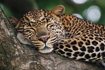 Fototapeta premium Leopard resting peacefully on tree branch, showcasing stunning s