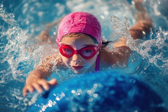 Young swimmer using a pool board during a swimming lesson