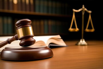 Judge's gavel, open law book, and scales of justice on wooden desk with bookshelf background, symbolizing legal authority and justice

