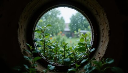 Fototapeta premium Rainy Day Retreat Craft an intimate image of a round window showcasing a lush garden during a gentle rain, with drops trickling down the glass and plants glistening