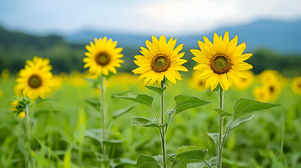 Obraz premium Vibrant Yellow Sunflowers Blooming in a Lush Green Field under a Cloudy Sky