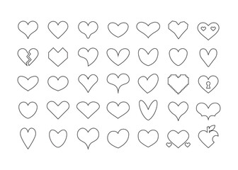 Complete black thin line blank and isolated different shapes assorted heart icons design element set on white background 