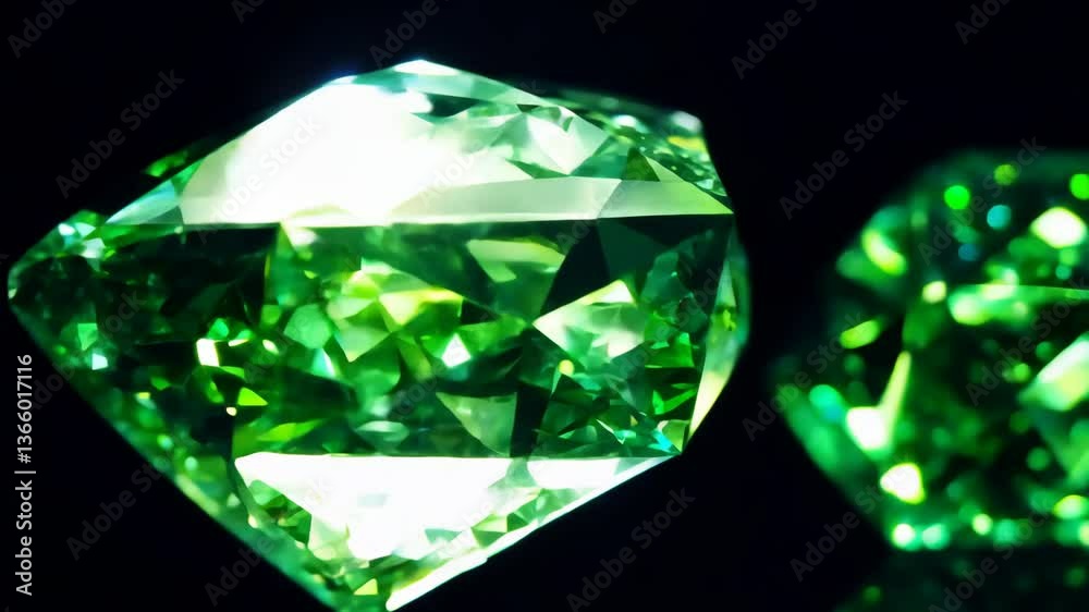 Poster two green gemstones are on a black background. they are both the same size and shape. the stones are