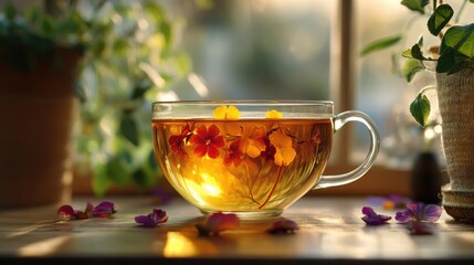 A clear glass teacup captures the beauty of golden herbal infusion with delicate flower petals floating atop.