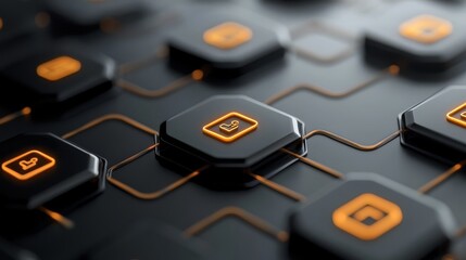 Close-up of a dark, futuristic-looking circuit board with glowing orange icons on raised hexagonal buttons connected by thin lines.