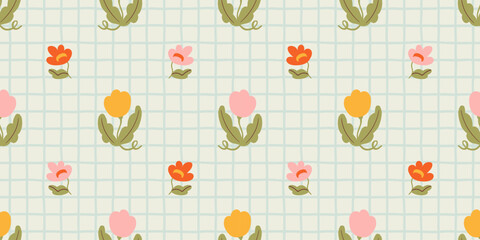 Colorful floral seamless pattern illustration. Vintage style flower plaid background design. Geometric natural wallpaper print, spring season nature backdrop texture with flowers.