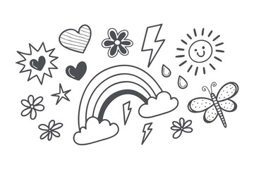 Hand-Drawn Crayon Doodle Set: Playful Hearts, Stars, Clouds, Rainbow, Lightning, Flowers, Arrows, Notes, Sun, Moon, Butterfly, and More in a Fun Childlike Artistic Style Vector Illustration