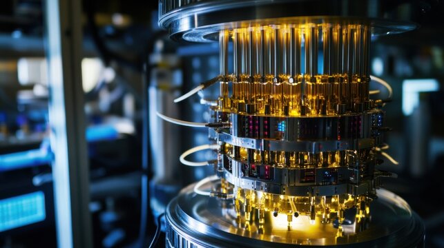 A quantum computer processing data in a high tech lab, glowing circuits and cooling systems visible, Futuristic style