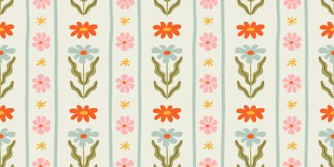 Colorful floral seamless pattern illustration. Vintage style flower background design. Geometric natural wallpaper print, spring season nature backdrop texture with flowers.