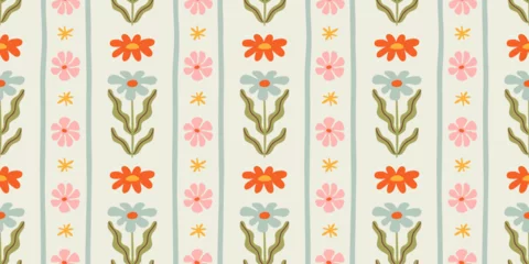 Colorful floral seamless pattern illustration. Vintage style flower background design. Geometric natural wallpaper print, spring season nature backdrop texture with flowers.