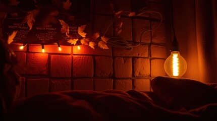 Cozy autumn bedroom, warm light, brick wall, fall leaves, nighttime relaxation