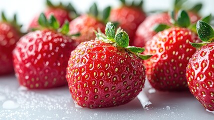 A close-up of vibrant, luscious red strawberries, adorned with glistening water droplets, positioned against a spotless white background that emphasizes their freshness.