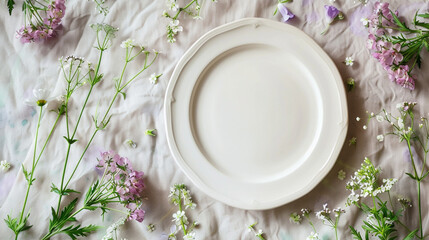 Elegant empty plate with delicate flowers arranged on a rustic gray background.