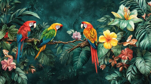 A jungle-themed wallpaper with vibrant tropical animals like parrots and monkeys, surrounded by lush greenery and foliage