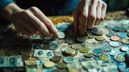 Fototapeta premium Person sorts coins on a surface covered with old postage stamps
