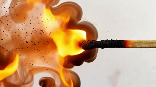 Ignition: A striking close-up of a match igniting, showcasing the intense burst of fire, smoke, and the process of combustion.