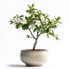 White Flowering Bonsai Tree in Beige Pot Against White Background