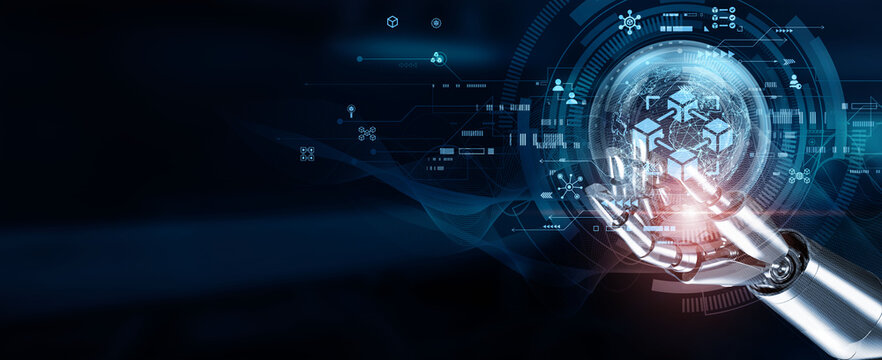 Hands of robots touch Blockchain, enabling secure transactions, smart contracts, and decentralized systems. Using immutable ledgers, cryptography, and peer-to-peer networks, blockchain transparency.