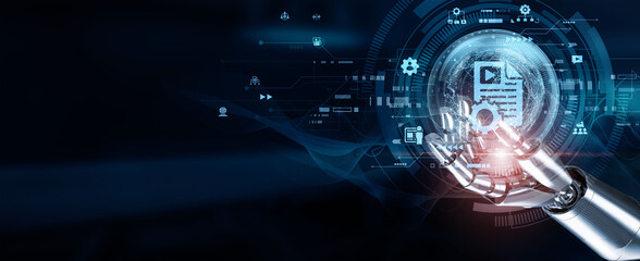 Hands of robots touch content management through automation, categorization, metadata enrichment, personalization, optimization, integration, workflow management, scalability, and analytics.