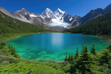 Breathtaking lake surrounded by majestic mountains and lush gree