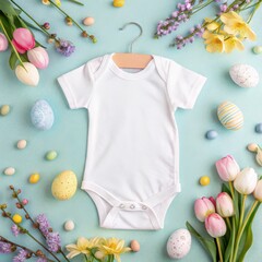 Easter mockup concept. Baby onesie surrounded by colorful flowers and Easter eggs on a pastel background.
