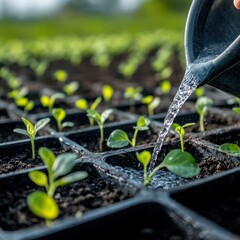 Close-up of young saplings and microgreens sprouting in rich soil.