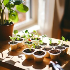 Close-up of young saplings and microgreens sprouting in rich soil.