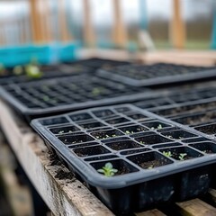 Close-up of young saplings and microgreens sprouting in rich soil.