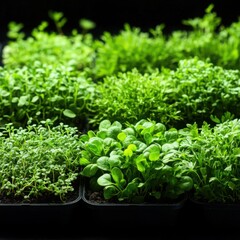 Close-up of young saplings and microgreens sprouting in rich soil.