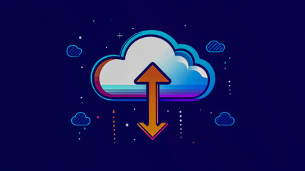 Stylized cloud with an arrow pointing up and down on a dark blue background with small clouds