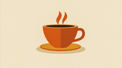 Obraz premium A stylized illustration of a steaming orange cup of coffee on a saucer against a beige background