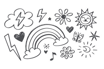 Hand-Drawn Crayon Doodle Set: Playful Hearts, Stars, Clouds, Rainbow, Lightning, Flowers, Arrows, Notes, Sun, Moon, Butterfly, and More in a Fun Childlike Artistic Style Vector Illustration