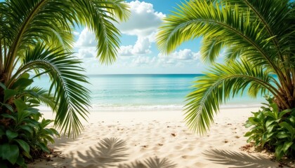 Obraz premium Tropical Oasis A vibrant tropical scene featuring lush green palm leaves casting dramatic shadows on a sunlit sandy beach, with soft waves gently lapping in the background.