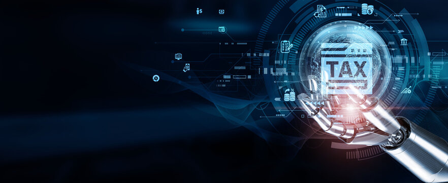 Hands of robots touch tax systems, automating compliance, filing, and audits to ensure accuracy and efficiency. Using tax software, data analytics, and AI-driven tools, organizations streamline tax.