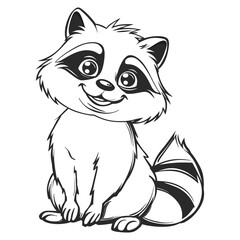 Adorable Cartoon Raccoon - Black and White Line Art Illustration