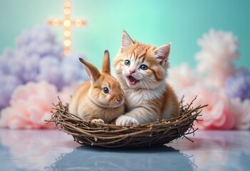 Dreamy Pastel Scene – Cute Cat and Rabbit Together in a Nest