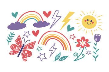 Hand-Drawn Crayon Doodle Set: Playful Hearts, Stars, Clouds, Rainbow, Lightning, Flowers, Arrows, Notes, Sun, Moon, Butterfly, and More in a Fun Childlike Artistic Style Vector Illustration
