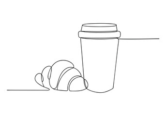 Minimalist continuous line drawing of coffee cup and croissant in black and white

