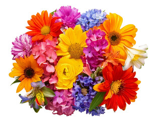 Close-up of a collection of colorful spring flowers, isolated and separated on a white background, captured from a top-down view.