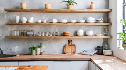 Minimalist kitchen with clean lines and open shelving