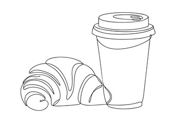 Minimalist continuous line drawing of coffee cup and croissant in black and white

