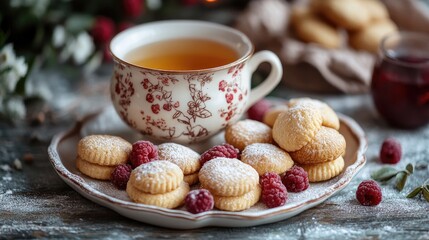 A charming heart-shaped plate features a delicate teapot and assorted biscuits, artfully arranged in a cozy tea time setting.